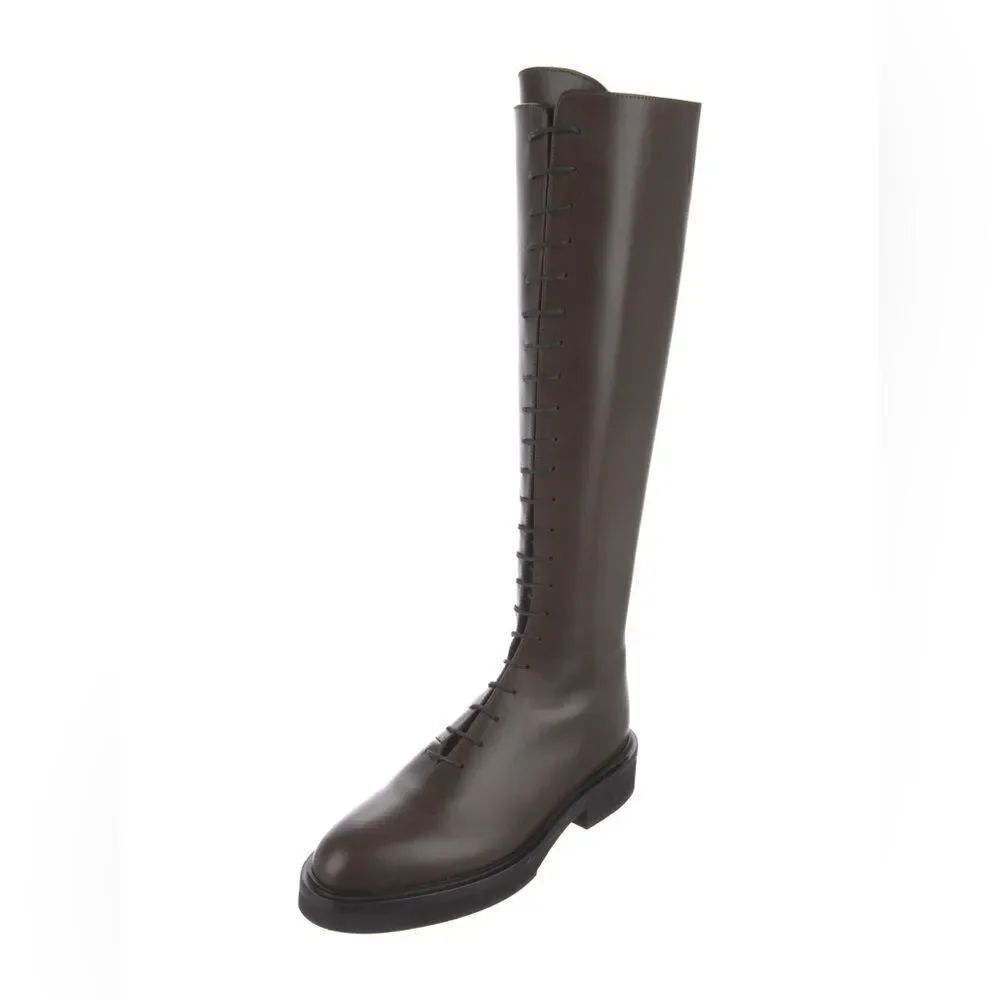 KHAITE LEATHER Lace up riding boots in brown - Picture 5 of 14